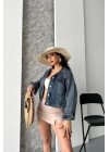 Çift cepli kol katlamalı kar yıkama crop kot ceket kahve tint d2000