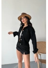 Çift cepli kol katlamalı süper taş enzim yıkamalı crop kot ceket siyah d2000