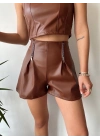 Çift fermuarlı deri şort kahve h24394