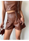 Çift fermuarlı deri şort kahve h24394