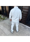 Çift Şeritli Eşofman Takım Dik Yaka Fermuarlı Sweatshirt Boru Paça Alt, Oversize 3 iplik Pamuklu - Beyaz