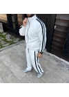 Çift Şeritli Eşofman Takım Dik Yaka Fermuarlı Sweatshirt Boru Paça Alt, Oversize 3 iplik Pamuklu - Beyaz