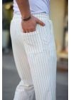 Cizgili Dokuma Krep Jogger Buggy Pantalon Rahat kalıp - Beyaz