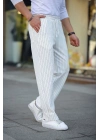 Cizgili Dokuma Krep Jogger Buggy Pantalon Rahat kalıp - Beyaz