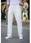 Cizgili Dokuma Krep Jogger Buggy Pantalon Rahat kalıp - Beyaz