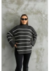 Çizgili ispanyol kol triko boğazlı kazak antrasit elf