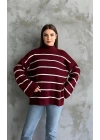 Çizgili ispanyol kol triko boğazlı kazak bordo elf