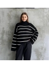 Çizgili ispanyol kol triko boğazlı kazak siyah elf
