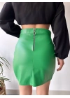 Dantelli fermuarlı deri etek yeşil w24598