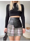 Deri garnili cepli ekose etek siyah s24604
