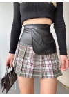 Deri garnili cepli ekose etek siyah s24604