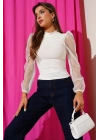 Dik yaka tül kollu bluz beyaz t3066