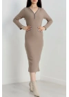 Fermuar detaylı fitilli şardonlu elbise bej a3178
