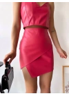 Kapaklı asimetrik model deri etek pembe s240106