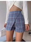 Kapaklı tüvit şort etek mavi