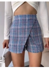 Kapaklı tüvit şort etek mavi