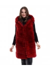 Kapşonlu Peluş Kürk Yelek Premium Kalite, Tam Astarlı, Uzun Model - Kırmızı