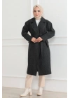 Kaşe Kaban – Uzun Boy 115 cm Kruvaze Yaka Kuşaklı Astarlı Kışlık Tesettür Kaban, Yünlü Dokuma Kaşmir Kumaş, Cepli Oversize Rahat Kalıp Şık Modern Kaban Mont Modeli (Günlük ve Özel Gün Kombinlerine Uygun) - Siyah