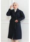 Kaşe Kaban – Uzun Boy Kruvaze Yaka Kuşaklı Tesettür Kaşe Kışlık Kaban, Astarlı Şık Yünlü Dokuma Oversize Rahat Kalıp Cepli Düğmeli Modern Kap Modeli - Lacivert