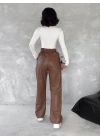 Kendinden ince kemerli deri pantolon kahve t1178