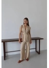 Keten yelek pantolon takım bej pt