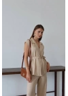 Keten yelek pantolon takım bej pt