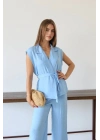 Keten yelek pantolon takım mavi pt