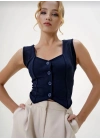 Krep kumaş düğmeli yelek lacivert s3395