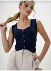 Krep kumaş düğmeli yelek lacivert s3395