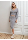 Kruvaze şardonlu etekli takım gri