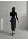 Kuşaklı uzun deri etek siyah h26414