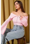 Omzu Açık Fermuarlı Bluz pembe T4330