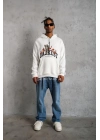 Oversize Kapüşonlu Sweatshirt – Beyaz Renk Üç İplik İçi Pamuklu Kanguru Cepli Baskılı Hoodie Rahat Kalıp Kışlık Günlük Kombinlere Uygun - Beyaz -