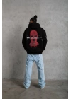 Oversize Üç İplik Kapüşonlu Sweatshirt – Siyah “Don’t Be Terrified” Ön, Sırt ve Kol Baskılı, Kanguru Cepli, Ribanalı Rahat Model- Siyah -