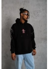 Oversize Üç İplik Kapüşonlu Sweatshirt – Siyah “Don’t Be Terrified” Ön, Sırt ve Kol Baskılı, Kanguru Cepli, Ribanalı Rahat Model- Siyah -