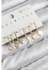 ÇOK SATAN Pirinç Zirkon Taşlı Hello Kity Ve Yonca Model Gold Renk 6lı Küpe Set