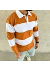 Polo Yaka Uzun Kollu Çizgili Sweatshirt Trend Rugby Stil - Turuncu