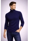 Balıkcı Yaka Bağazlı Triko Kazak Pamuklu Kalın Fitilli Dokuma, Regular Fit Uzun Kollu Kışlık Model - Lacivert