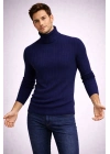 Balıkcı Yaka Bağazlı Triko Kazak Pamuklu Kalın Fitilli Dokuma, Regular Fit Uzun Kollu Kışlık Model - Lacivert