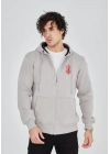 Baskılı Tam Fermuarlı Kapşonlu SweatShirt - Boyalı Gri