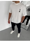 Bisiklet Yaka Baskılı Oversize T-Shirt - Beyaz