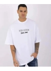 Bisiklet Yaka Baskılı Oversize T-Shirt - Beyaz