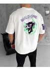Bisiklet Yaka Baskılı Oversize T-Shirt - Beyaz