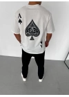 Bisiklet Yaka Baskılı Oversize T-Shirt - Beyaz