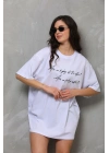 Bisiklet Yaka Baskılı Oversize T-Shirt - Beyaz