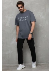 Bisiklet Yaka Baskılı Oversize T-Shirt - Füme