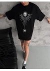 Bisiklet Yaka Baskılı Oversize T-Shirt - Siyah