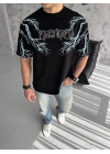 Bisiklet Yaka Baskılı Oversize T-Shirt-Siyah