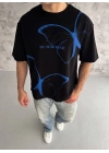 Bisiklet Yaka Baskılı Oversize T-Shirt - Siyah