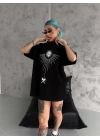 Bisiklet Yaka Baskılı Oversize T-Shirt - Siyah